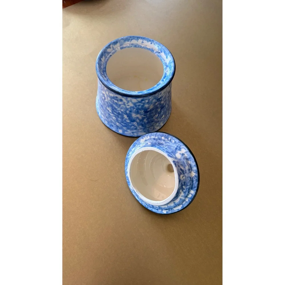 Stangl Pottery Town and Country Blue Spongeware Lidded Sugar Bowl Small Canister